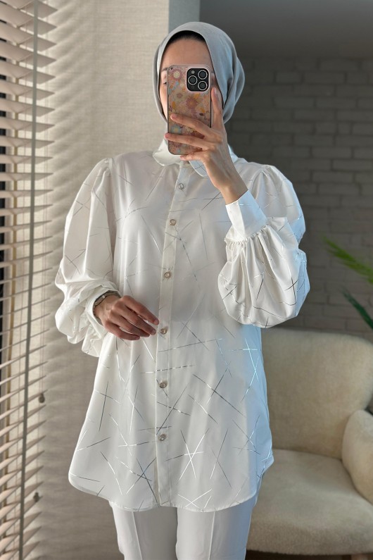 2098 Parlak Çizgili Balon Kol Tunik - GÜMÜŞ 2098 Parlak Çizgili Balon Kol Tunik - GÜMÜŞ