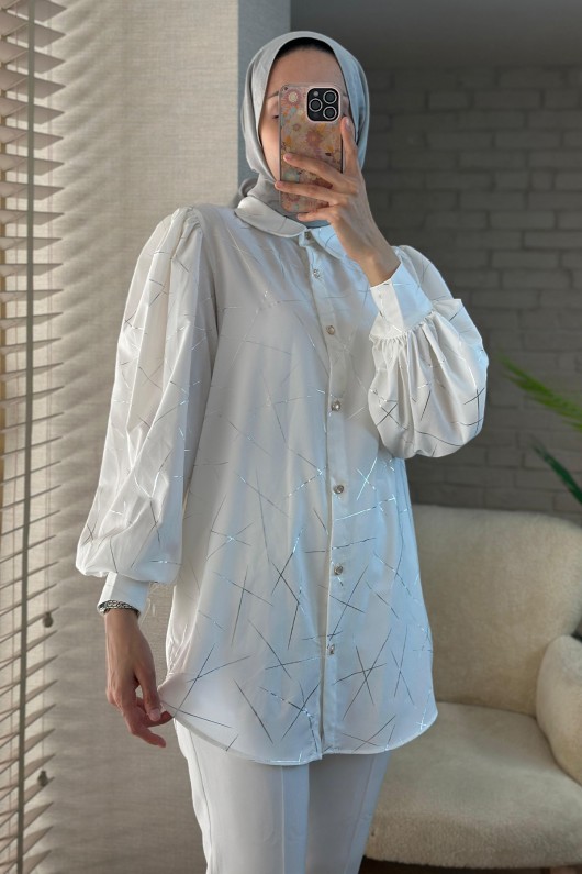 2098 Parlak Çizgili Balon Kol Tunik - GÜMÜŞ 2098 Parlak Çizgili Balon Kol Tunik - GÜMÜŞ