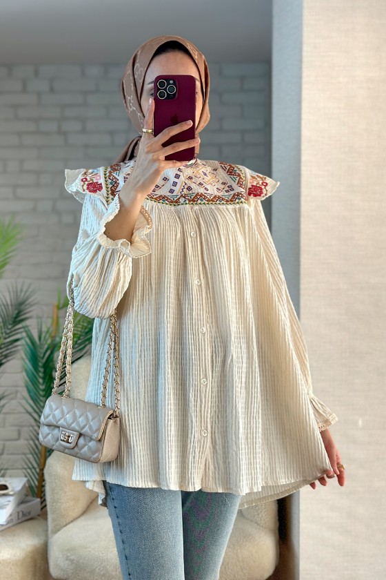 Etamin Nakışlı Tunik  2099 - KREM