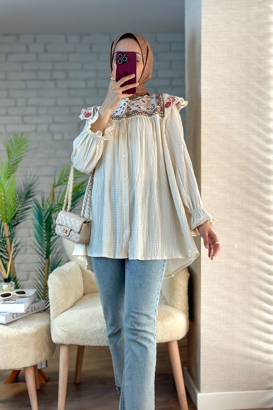 Etamin Nakışlı Tunik  2099 - KREM