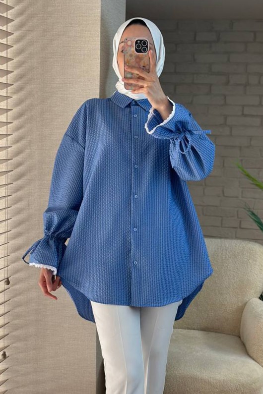 2100 Kolları Büzgü İpli Gömlek - MAVİ