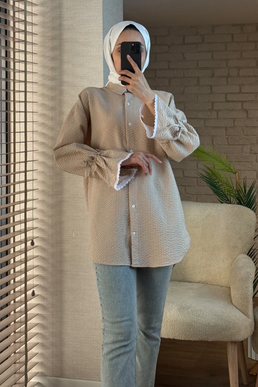2100 Kolları Büzgü İpli Gömlek - BEJ
