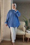 2100 Kolları Büzgü İpli Gömlek - MAVİ