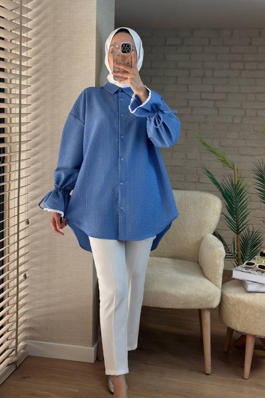 2100 Kolları Büzgü İpli Gömlek - MAVİ