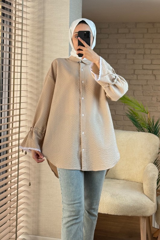 2100 Kolları Büzgü İpli Gömlek - BEJ