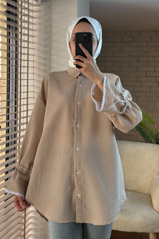 2100 Kolları Büzgü İpli Gömlek - BEJ