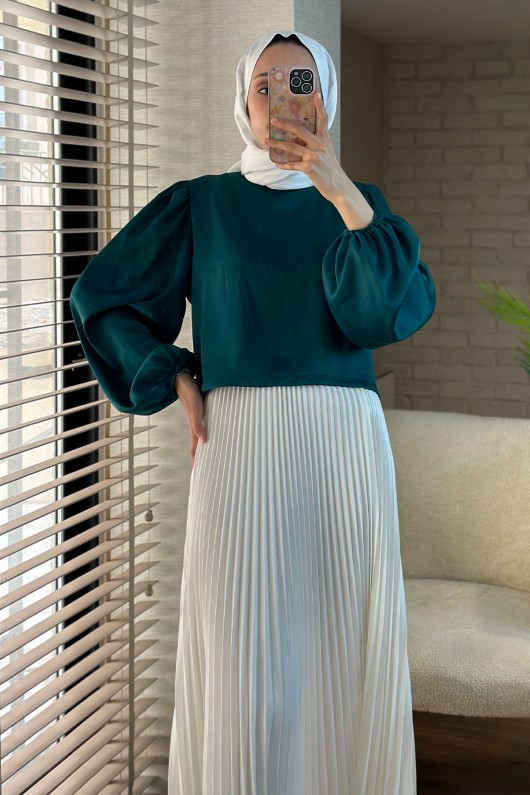 2104 Balon Kol Bluz - ZÜMRÜT YEŞİLİ