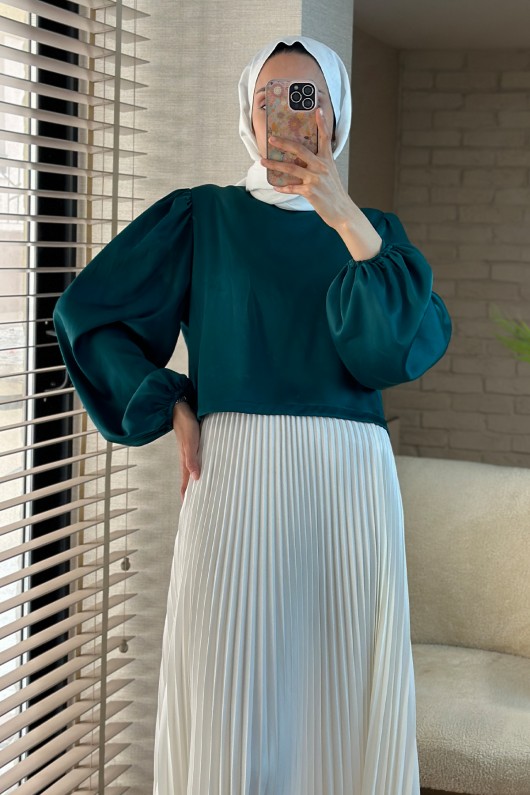 2104 Balon Kol Bluz - ZÜMRÜT YEŞİLİ