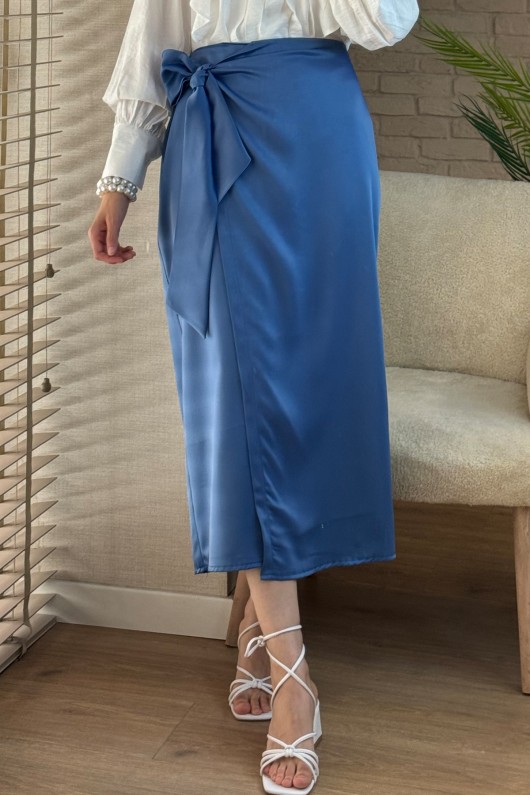 2107 Yandan Fiyonklu Etek - MAVİ