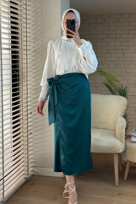 2107 Yandan Fiyonklu Etek - YEŞİL