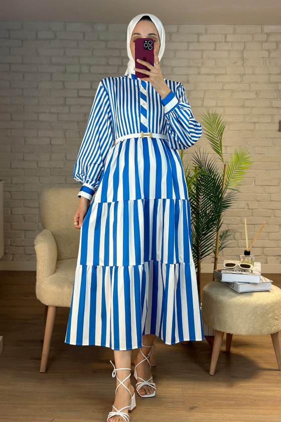 2114 Çizgili Elbise - MAVİ