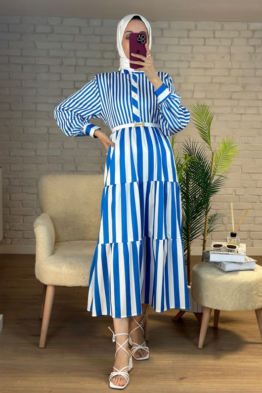 2114 Çizgili Elbise - MAVİ
