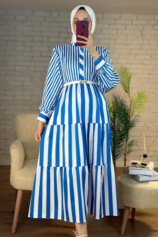 2114 Çizgili Elbise - MAVİ