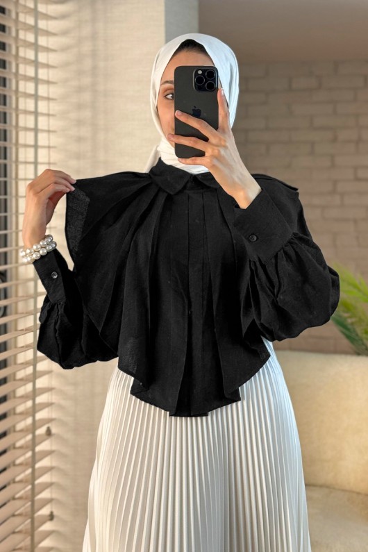 2118 Pileli Bluz Gömlek - SİYAH