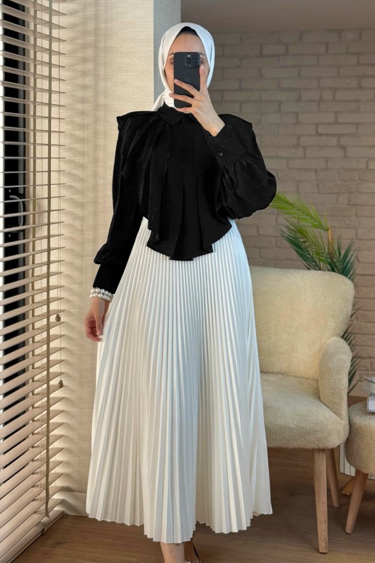 2118 Pileli Bluz Gömlek - SİYAH