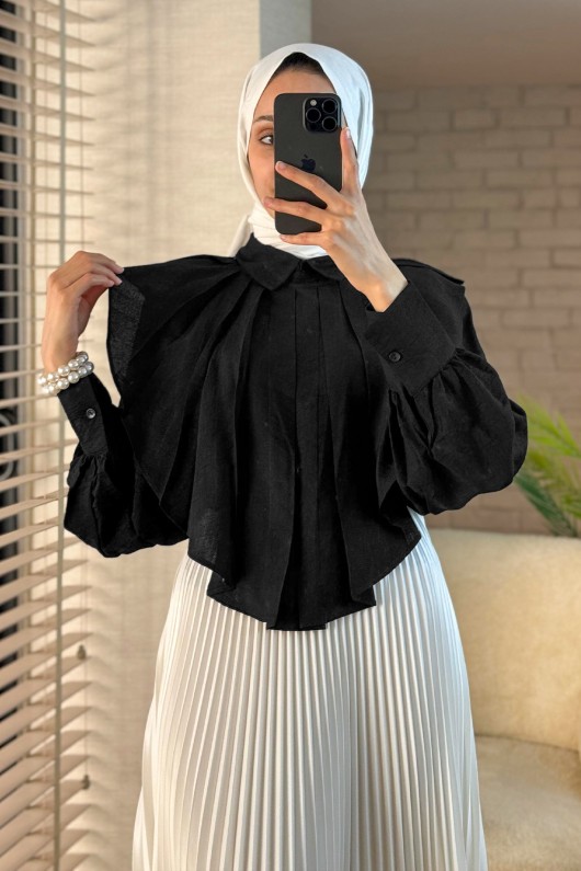 2118 Pileli Bluz Gömlek - SİYAH