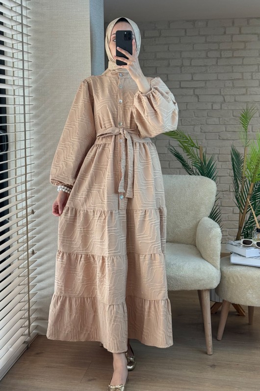 2119 Kuşaklı Balon Kol Elbise - BEJ