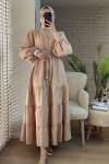 2119 Kuşaklı Balon Kol Elbise - BEJ