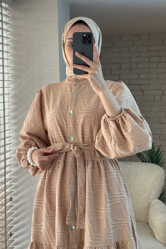 2119 Kuşaklı Balon Kol Elbise - BEJ