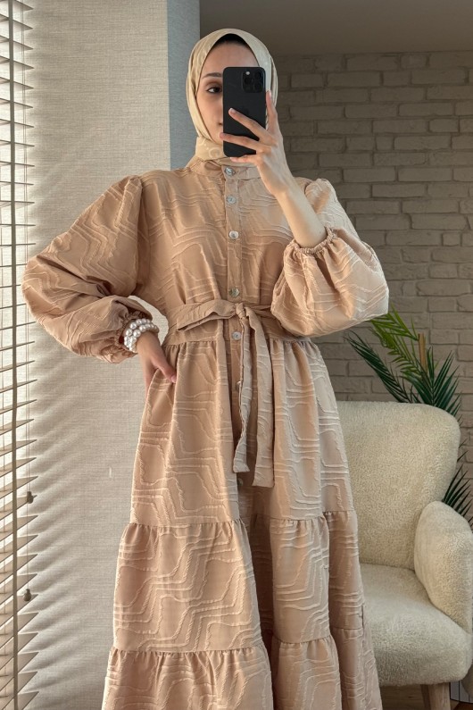 2119 Kuşaklı Balon Kol Elbise - BEJ