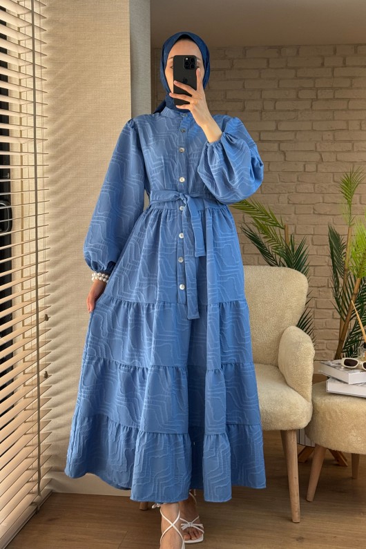 2119 Kuşaklı Balon Kol Elbise - MAVİ 2119 Kuşaklı Balon Kol Elbise - MAVİ