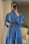 2119 Kuşaklı Balon Kol Elbise - MAVİ 2119 Kuşaklı Balon Kol Elbise - MAVİ