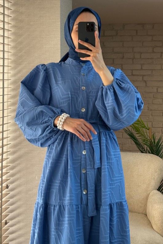 2119 Kuşaklı Balon Kol Elbise - MAVİ 2119 Kuşaklı Balon Kol Elbise - MAVİ