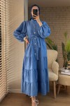 2119 Kuşaklı Balon Kol Elbise - MAVİ 2119 Kuşaklı Balon Kol Elbise - MAVİ