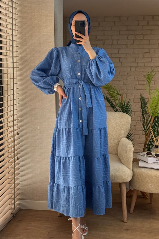 2119 Kuşaklı Balon Kol Elbise - MAVİ 2119 Kuşaklı Balon Kol Elbise - MAVİ