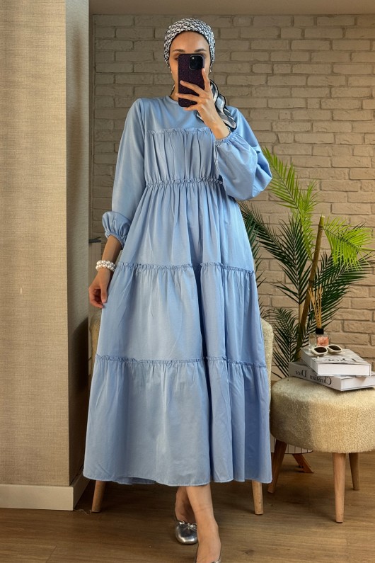 2124 Kolları Büzgülü Kat Kat Elbise - BEBE MAVİSİ 2124 Kolları Büzgülü Kat Kat Elbise - BEBE MAVİSİ