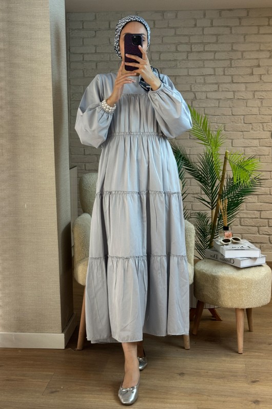 2124 Kolları Büzgülü Kat Kat Elbise - GRİ