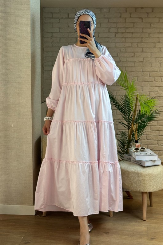 2124 Kolları Büzgülü Kat Kat Elbise - PEMBE