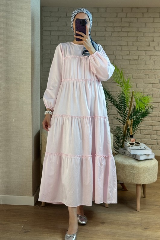 2124 Kolları Büzgülü Kat Kat Elbise - PEMBE
