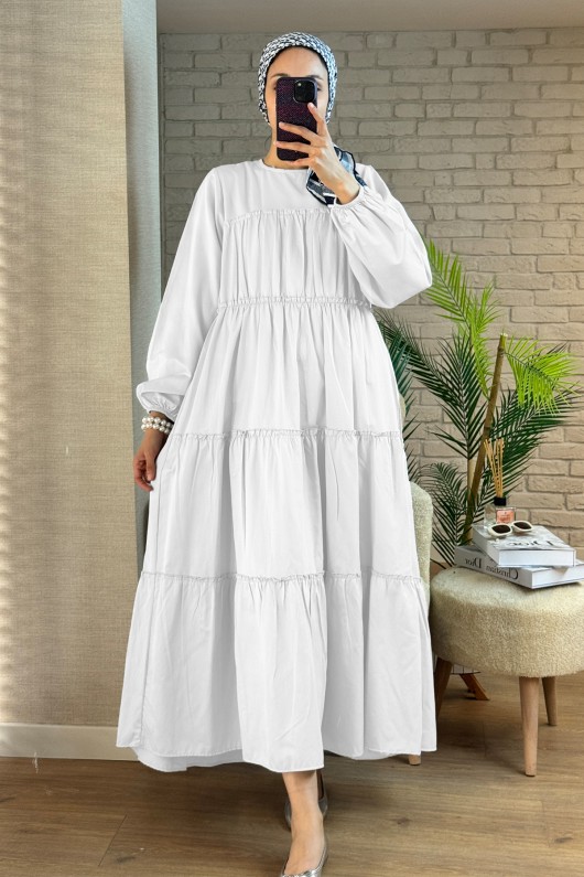 2124 Kolları Büzgülü Kat Kat Elbise - BEYAZ