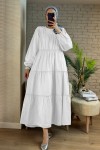 2124 Kolları Büzgülü Kat Kat Elbise - BEYAZ