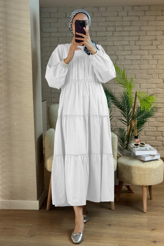 2124 Kolları Büzgülü Kat Kat Elbise - BEYAZ