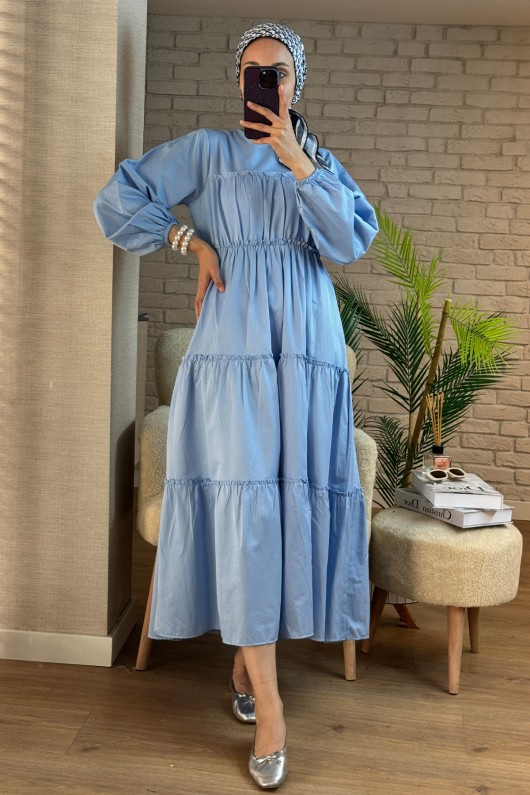 2124 Kolları Büzgülü Kat Kat Elbise - BEBE MAVİSİ 2124 Kolları Büzgülü Kat Kat Elbise - BEBE MAVİSİ