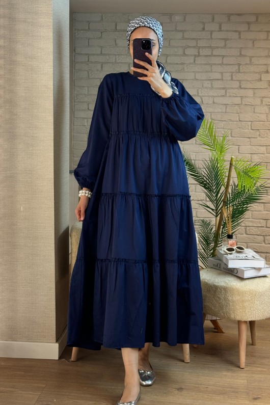 2124 Kolları Büzgülü Kat Kat Elbise - LACİVERT