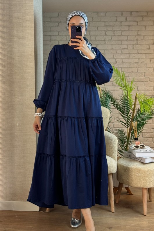 2124 Kolları Büzgülü Kat Kat Elbise - LACİVERT