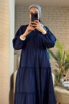 2124 Kolları Büzgülü Kat Kat Elbise - LACİVERT