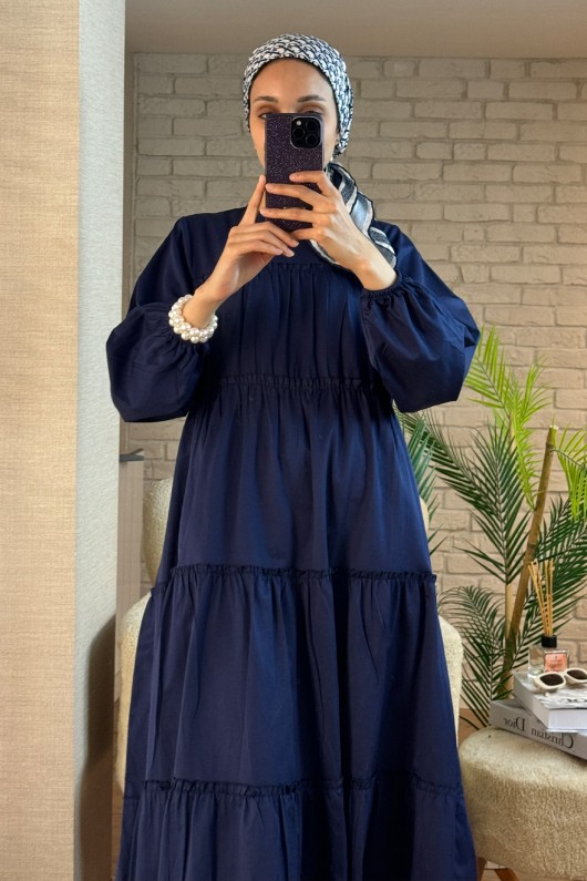 2124 Kolları Büzgülü Kat Kat Elbise - LACİVERT