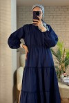 2124 Kolları Büzgülü Kat Kat Elbise - LACİVERT