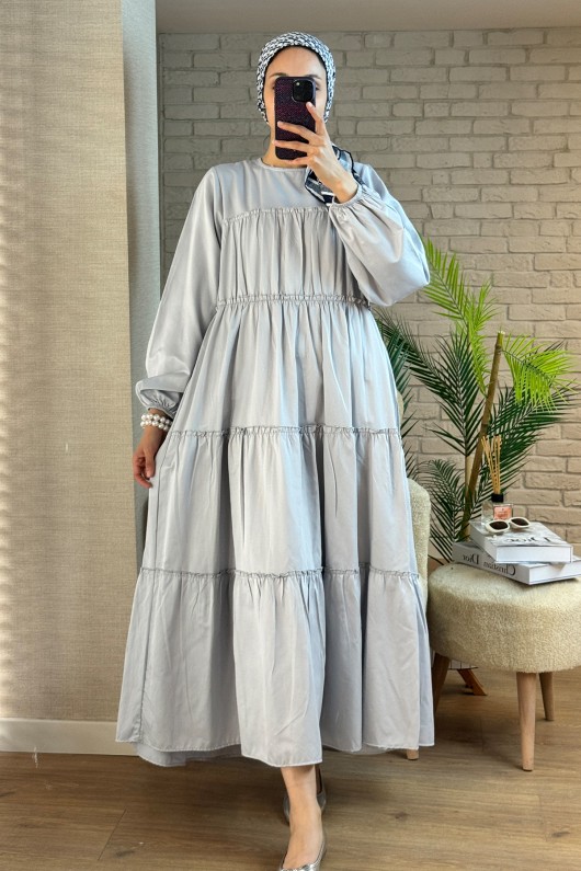 2124 Kolları Büzgülü Kat Kat Elbise - GRİ