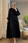 2124 Kolları Büzgülü Kat Kat Elbise - SİYAH