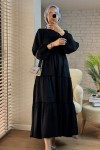 2124 Kolları Büzgülü Kat Kat Elbise - SİYAH