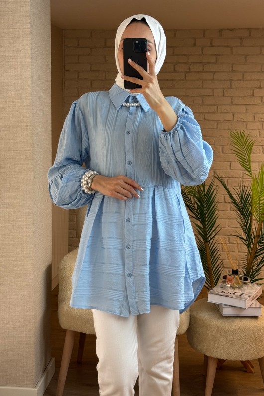 2126 Kolları Lastikli Balon Kol Tunik - BEBE MAVİ