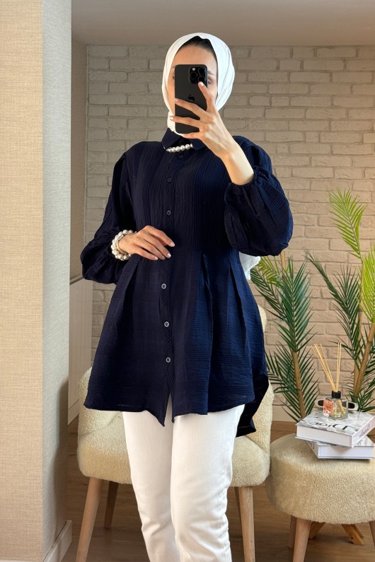 2126 Kolları Lastikli Balon Kol Tunik - LACİVERT