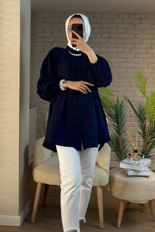 2126 Kolları Lastikli Balon Kol Tunik - LACİVERT