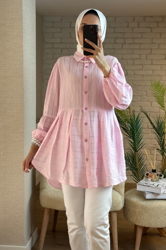 2126 Kolları Lastikli Balon Kol Tunik - PEMBE