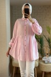 2126 Kolları Lastikli Balon Kol Tunik - PEMBE